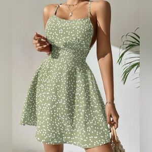 SHEIN petite Sage Green Spaghetti Strap Mini Dress with White Heart Print Size S